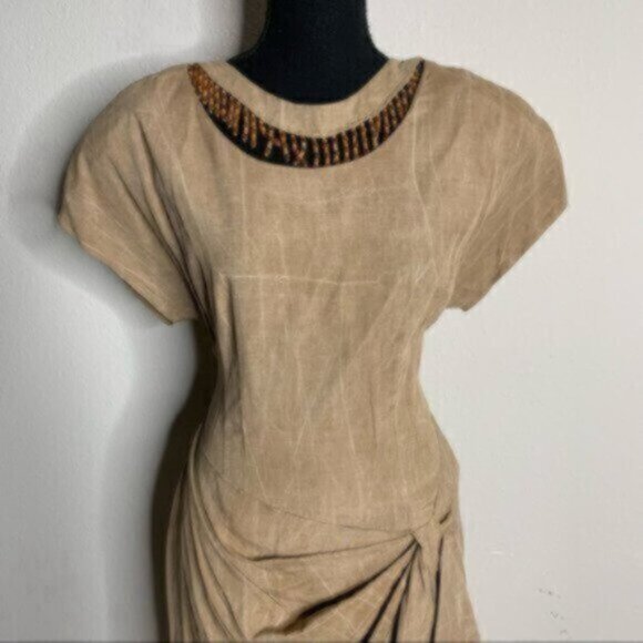 Scarlett Rare 70s Vintage Tigh Length Faux Wrap Beaded Ruching Dress - Picture 6 of 14